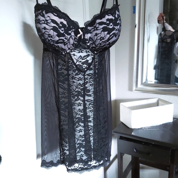 Push Up Babydoll Lace Slip Negligee Black Size Medium Gilligan O'Malley Intimate - Picture 4 of 9